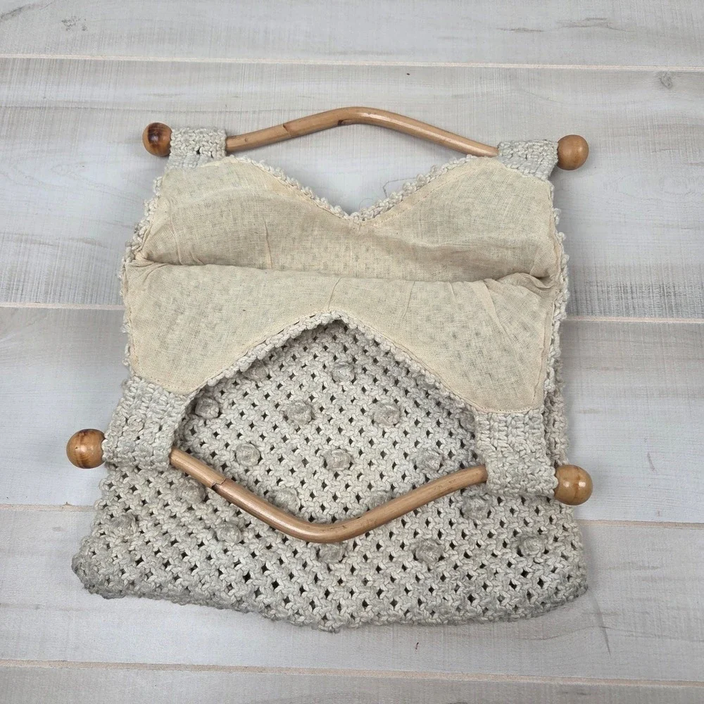 Vtg Mister Ernest Handbag Macrame Crochet Tote Bag Bamboo Wood Handle Cream Boho